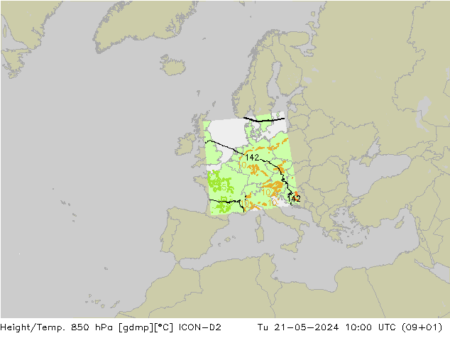Height/Temp. 850 hPa ICON-D2 mar 21.05.2024 10 UTC