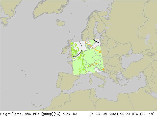 Hoogte/Temp. 850 hPa ICON-D2 do 23.05.2024 09 UTC