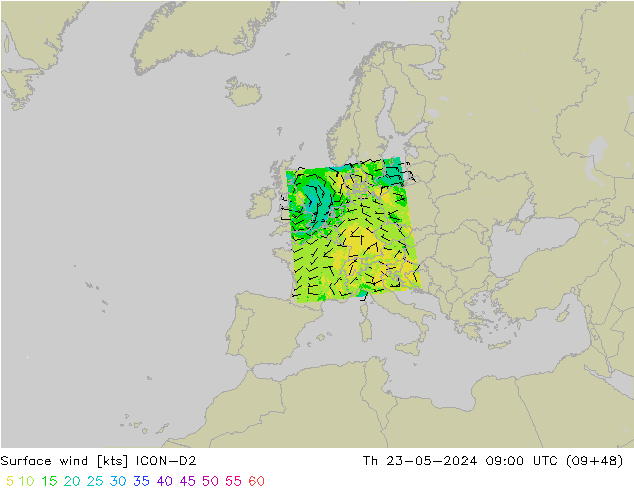 Surface wind ICON-D2 Th 23.05.2024 09 UTC