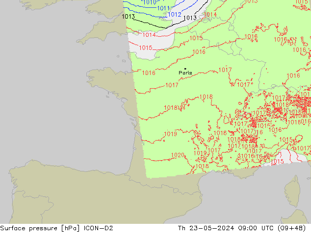 Presión superficial ICON-D2 jue 23.05.2024 09 UTC