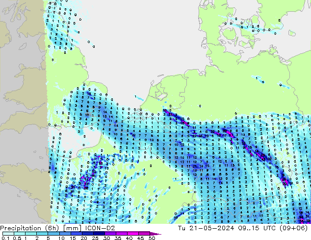 Precipitation (6h) ICON-D2 Tu 21.05.2024 15 UTC