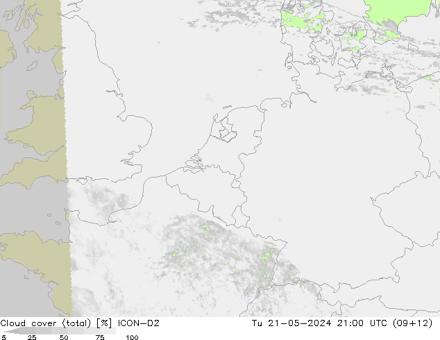 Cloud cover (total) ICON-D2 Tu 21.05.2024 21 UTC