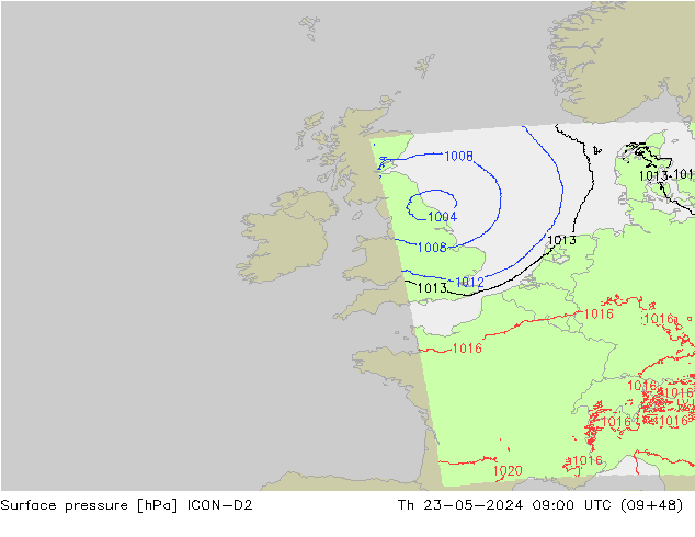 Pressione al suolo ICON-D2 gio 23.05.2024 09 UTC