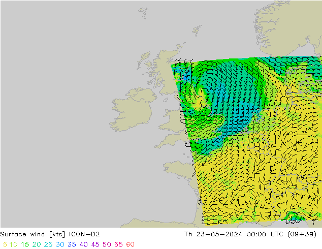 Surface wind ICON-D2 Čt 23.05.2024 00 UTC