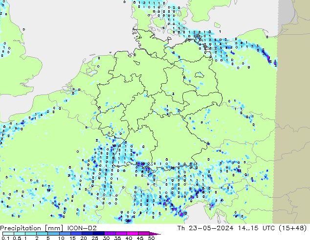 Precipitation ICON-D2 Th 23.05.2024 15 UTC