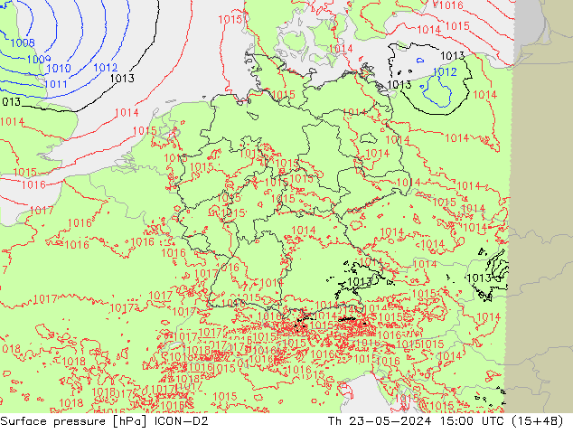 Atmosférický tlak ICON-D2 Čt 23.05.2024 15 UTC