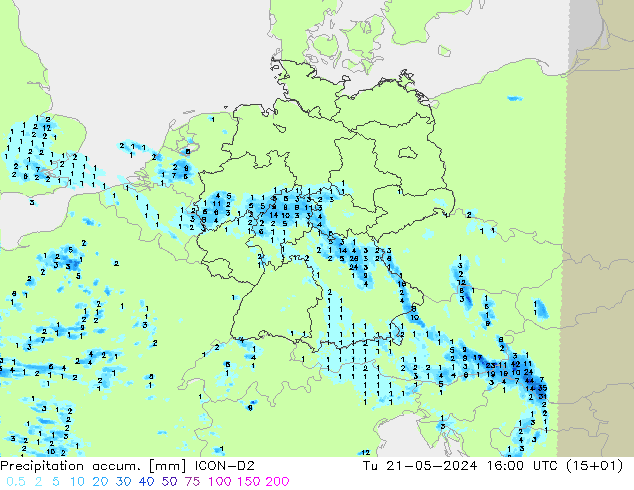 Toplam Yağış ICON-D2 Sa 21.05.2024 16 UTC