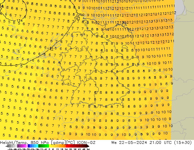 Height/Temp. 850 hPa ICON-D2 mer 22.05.2024 21 UTC