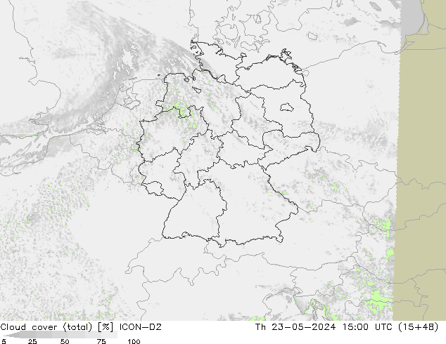 Cloud cover (total) ICON-D2 Čt 23.05.2024 15 UTC
