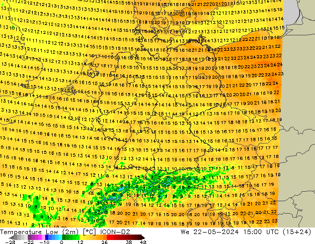 Temperatura mín. (2m) ICON-D2 mié 22.05.2024 15 UTC
