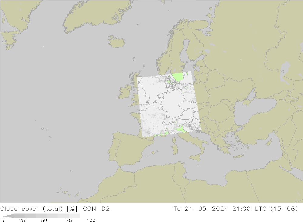 Wolken (gesamt) ICON-D2 Di 21.05.2024 21 UTC