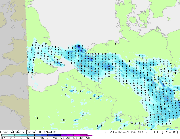 Precipitation ICON-D2 Tu 21.05.2024 21 UTC