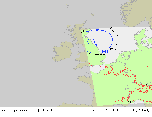Pressione al suolo ICON-D2 gio 23.05.2024 15 UTC