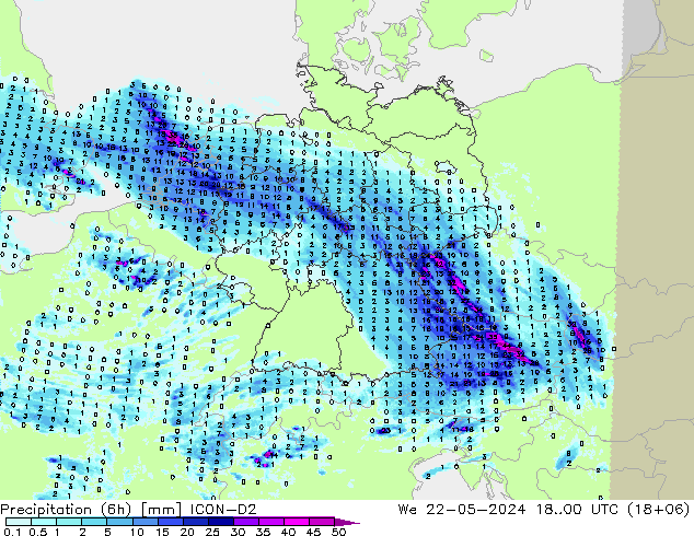 Yağış (6h) ICON-D2 Çar 22.05.2024 00 UTC