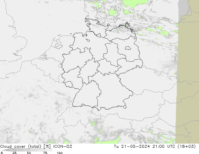 Nubes (total) ICON-D2 mar 21.05.2024 21 UTC