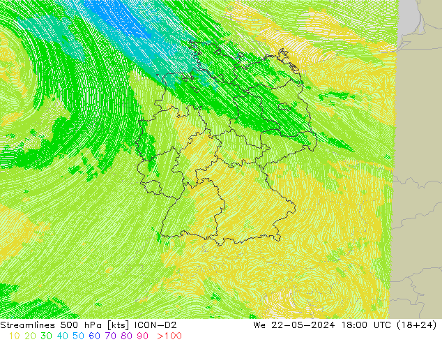 Linia prądu 500 hPa ICON-D2 śro. 22.05.2024 18 UTC