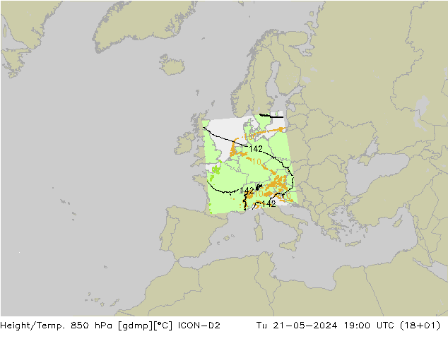 Height/Temp. 850 hPa ICON-D2 Di 21.05.2024 19 UTC