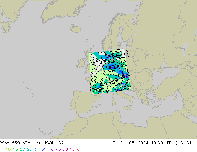 Vento 850 hPa ICON-D2 Ter 21.05.2024 19 UTC