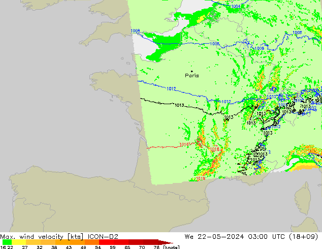 Maks. Rüzgar Hızı ICON-D2 Çar 22.05.2024 03 UTC