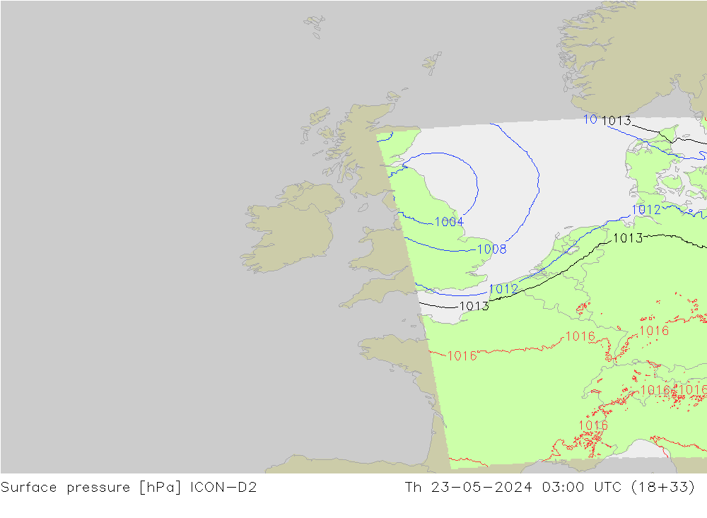 pressão do solo ICON-D2 Qui 23.05.2024 03 UTC