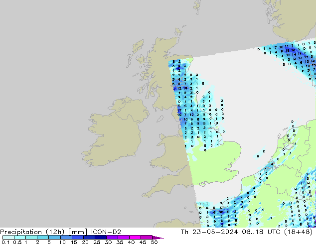 Précipitation (12h) ICON-D2 jeu 23.05.2024 18 UTC