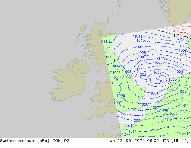 Surface pressure ICON-D2 We 22.05.2024 06 UTC