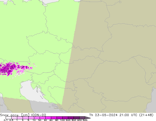 Snow accu. ICON-D2 gio 23.05.2024 21 UTC