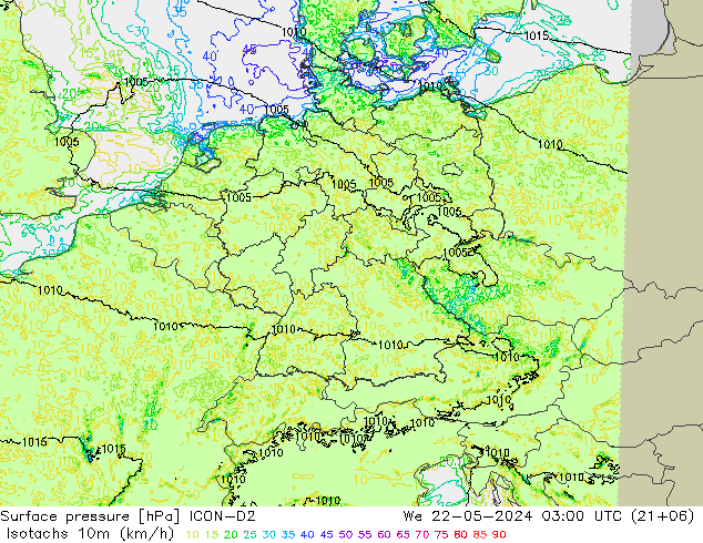 Isotachs (kph) ICON-D2 We 22.05.2024 03 UTC