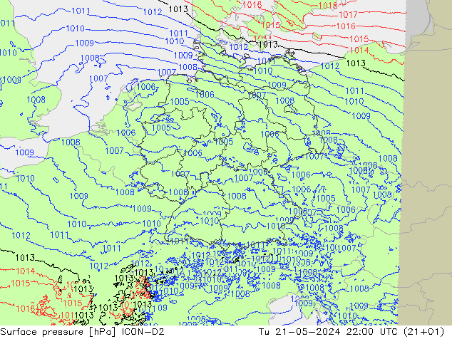 地面气压 ICON-D2 星期二 21.05.2024 22 UTC
