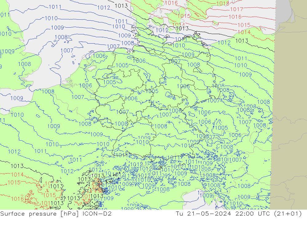 Pressione al suolo ICON-D2 mar 21.05.2024 22 UTC