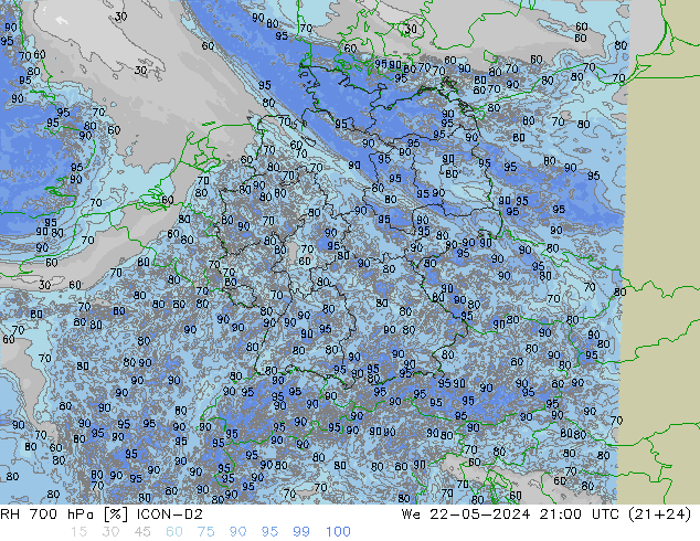 RH 700 hPa ICON-D2 星期三 22.05.2024 21 UTC