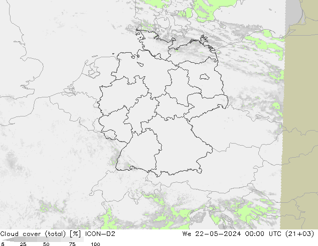 Nubes (total) ICON-D2 mié 22.05.2024 00 UTC