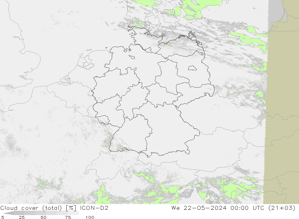 Nubes (total) ICON-D2 mié 22.05.2024 00 UTC