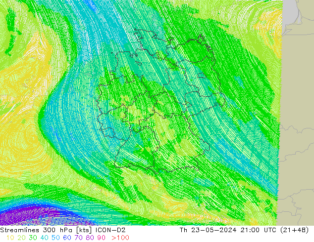 ветер 300 гПа ICON-D2 чт 23.05.2024 21 UTC