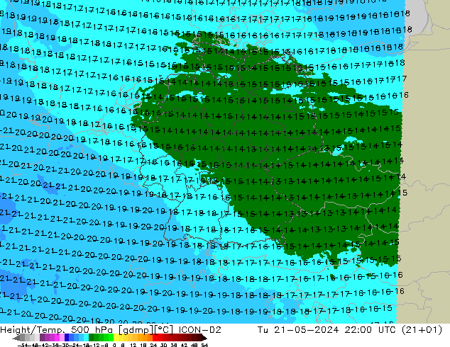 Height/Temp. 500 hPa ICON-D2 Di 21.05.2024 22 UTC