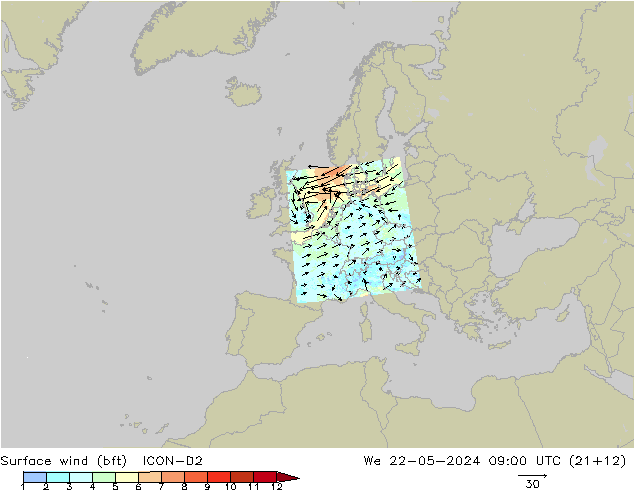 Bodenwind (bft) ICON-D2 Mi 22.05.2024 09 UTC