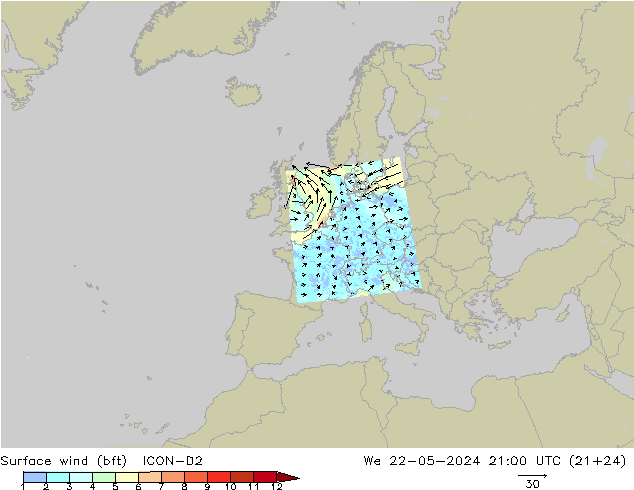 ве�Bе�@ 10 m (bft) ICON-D2 ср 22.05.2024 21 UTC