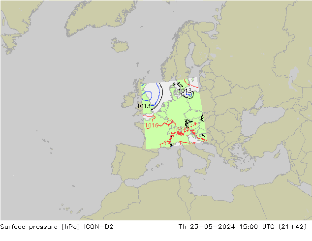 Surface pressure ICON-D2 Th 23.05.2024 15 UTC