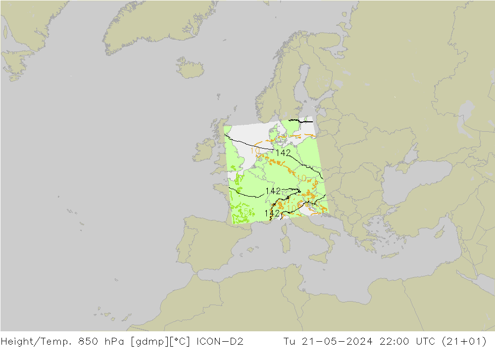 Yükseklik/Sıc. 850 hPa ICON-D2 Sa 21.05.2024 22 UTC