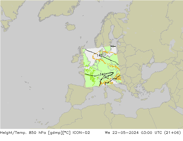 Geop./Temp. 850 hPa ICON-D2 mié 22.05.2024 03 UTC