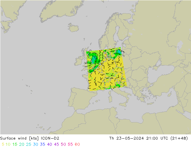 Surface wind ICON-D2 Čt 23.05.2024 21 UTC