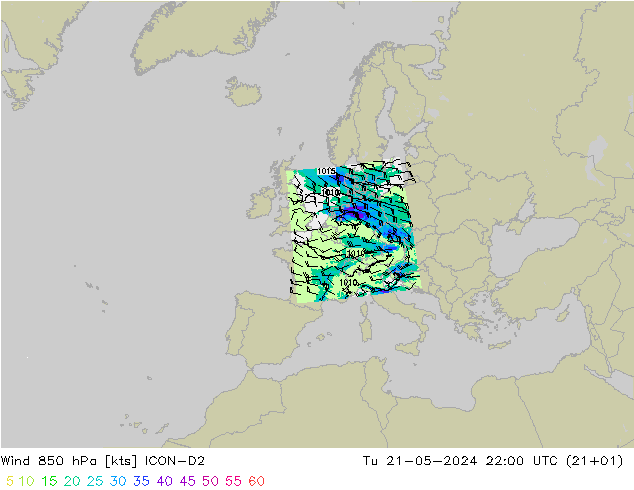 Wind 850 hPa ICON-D2 di 21.05.2024 22 UTC