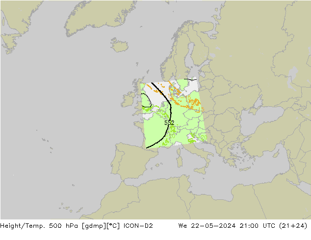 Yükseklik/Sıc. 500 hPa ICON-D2 Çar 22.05.2024 21 UTC