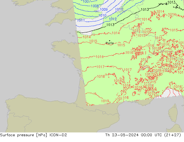 Pressione al suolo ICON-D2 gio 23.05.2024 00 UTC