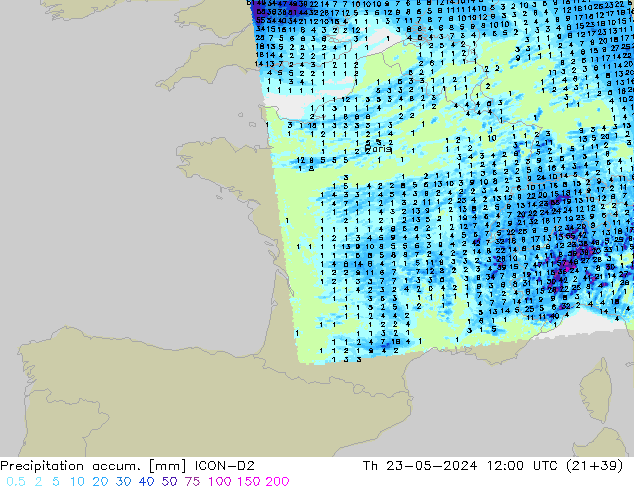 Precipitation accum. ICON-D2 чт 23.05.2024 12 UTC