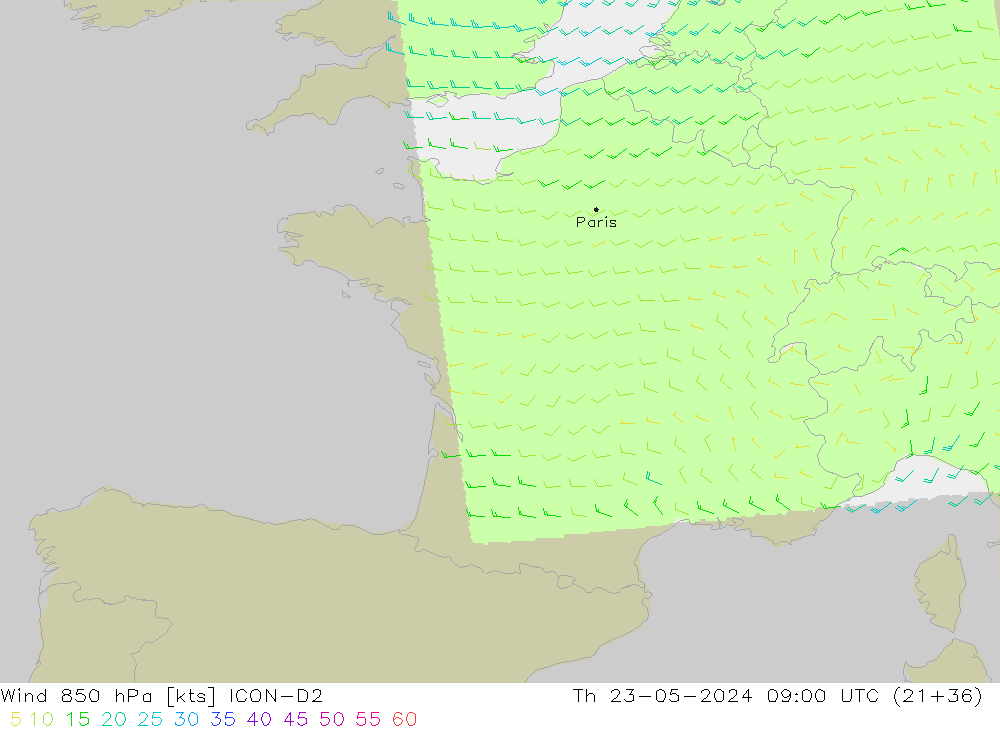 Rüzgar 850 hPa ICON-D2 Per 23.05.2024 09 UTC