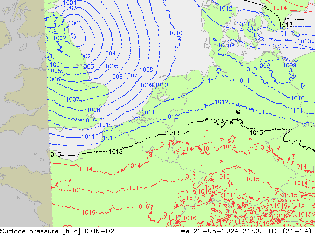 pression de l'air ICON-D2 mer 22.05.2024 21 UTC