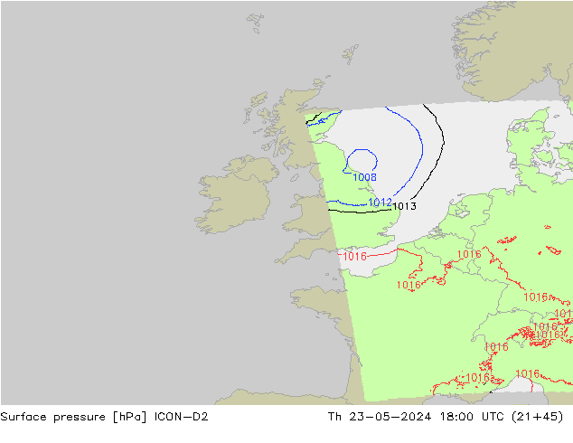 Surface pressure ICON-D2 Th 23.05.2024 18 UTC