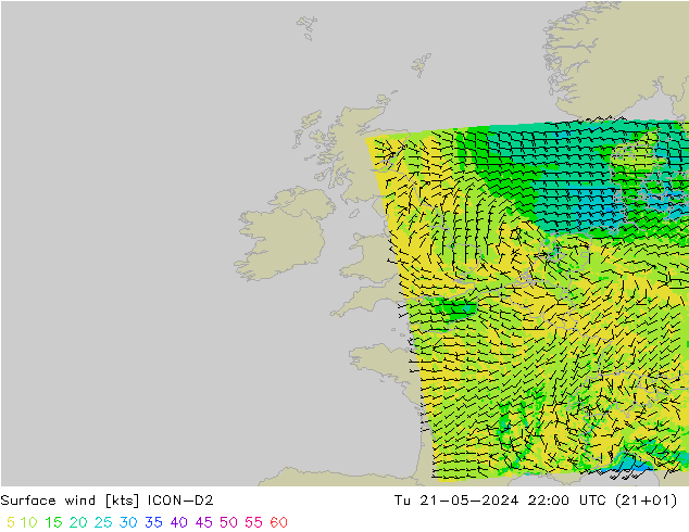 Surface wind ICON-D2 Tu 21.05.2024 22 UTC