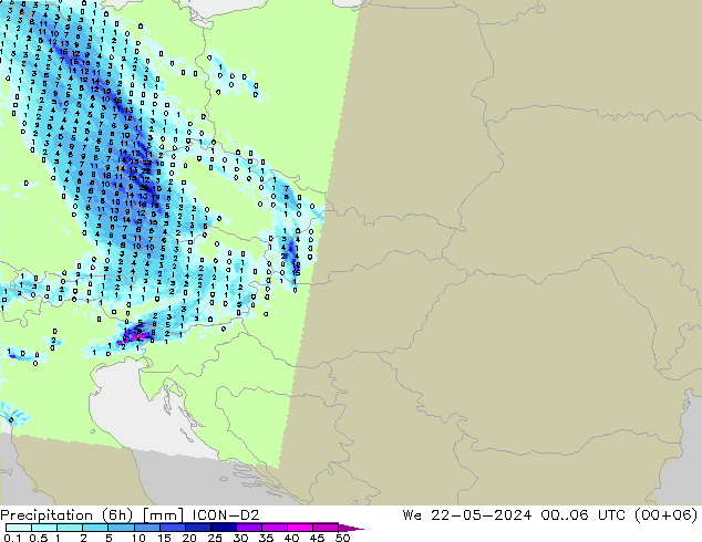 Precipitazione (6h) ICON-D2 mer 22.05.2024 06 UTC